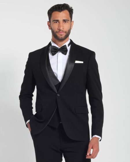 Black Tux with Satin lapel and a slim Fit